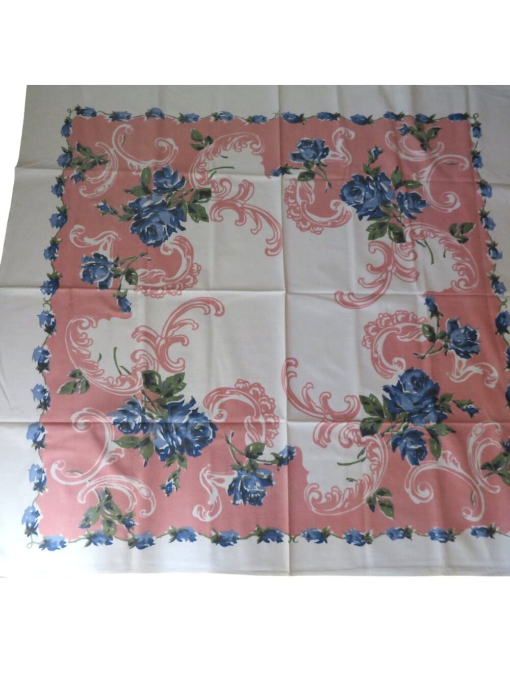 Vintage 1950s Pink White Tablecloth Blue Rose Floral Border Pattern 51"x 47" Cot